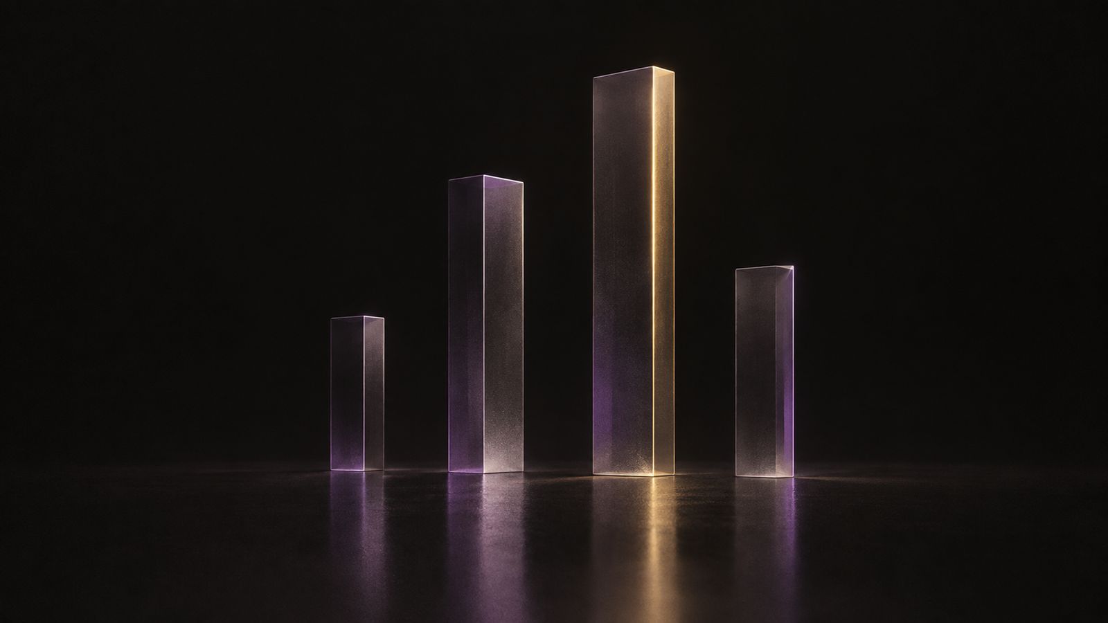 Abstract illustration: translucent vertical columns of differing heights lit from within
