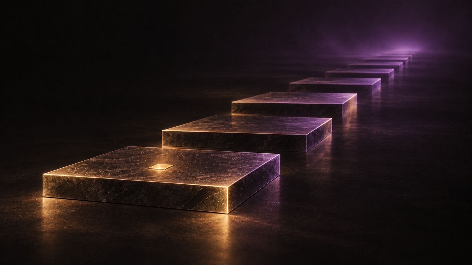 Abstract illustration: a row of stone platforms receding into darkness, each edge-lit in gold