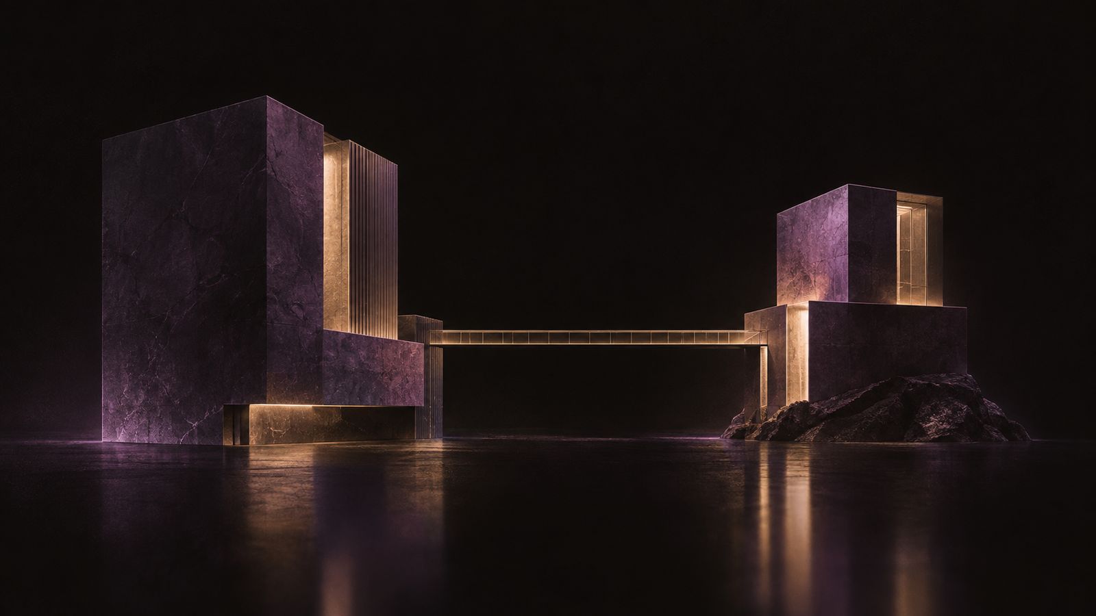 Abstract illustration: two separate architectural volumes joined by a single slim bridge