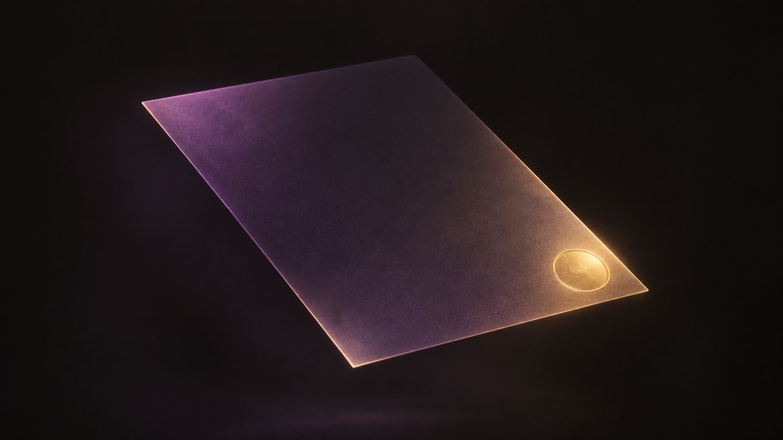 Abstract illustration: a single document plane suspended in dark space with a gold seal of light