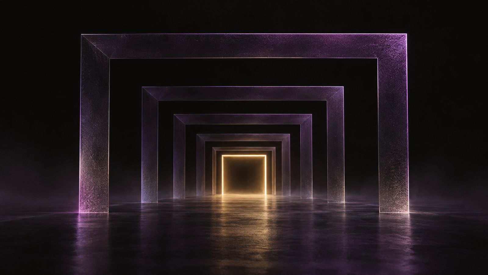 Abstract illustration: nested rectangular frames receding in perspective, the innermost lit gold